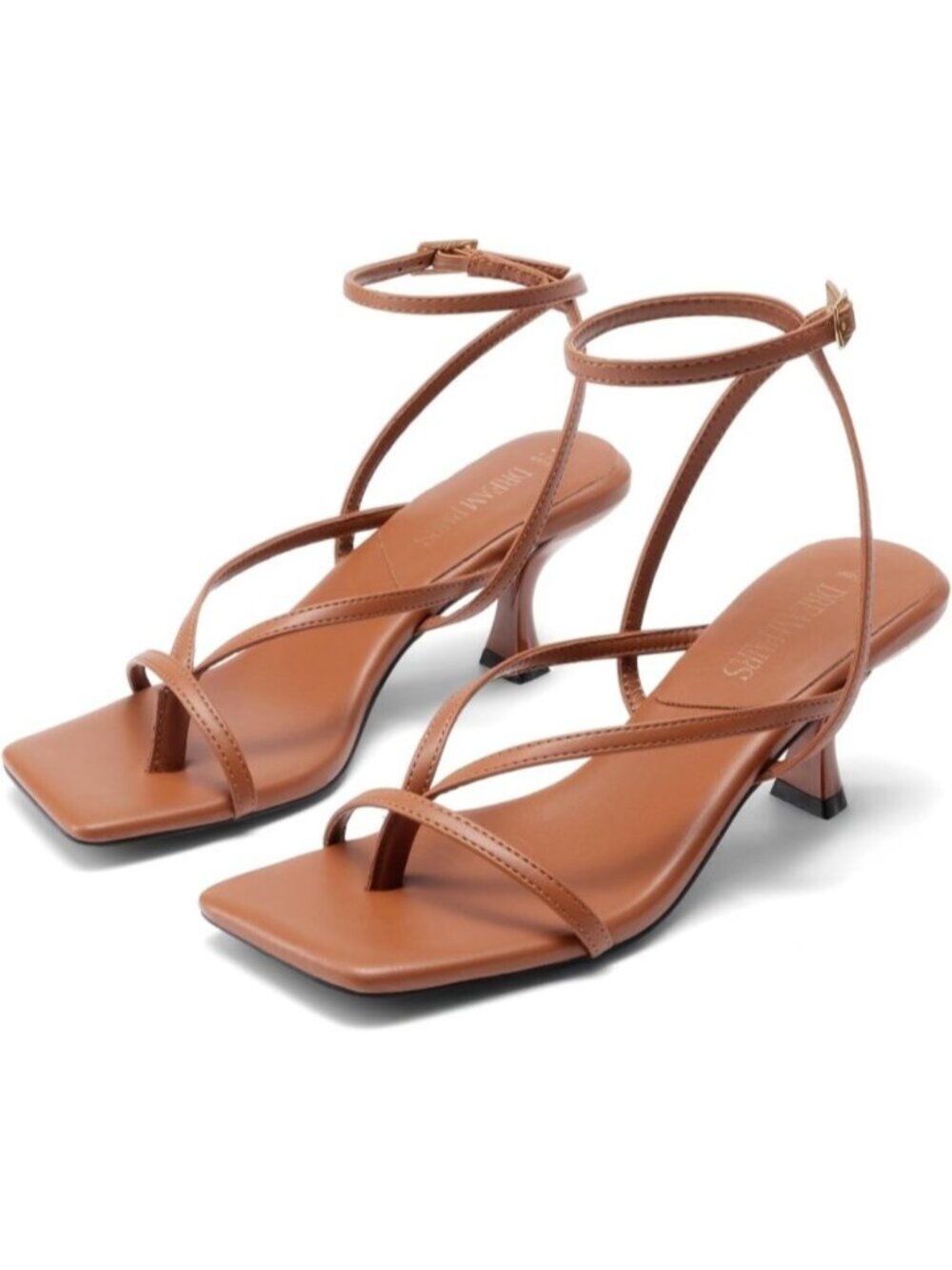 Women's Brown Pu Strappy Square Open Toe Dressy Thong Comfort Kitten Heel Sandal